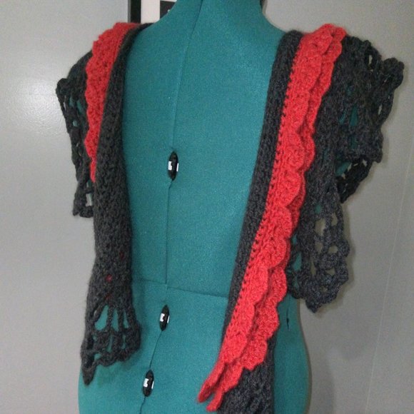 Crochet Multi-Wear Scarf/Wrap/Vest/Accessory in Heathered Red & Gray NEW - Picture 8 of 10